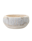 A round, shallow stone bowl with natural, textured patterns in tones of beige and gray, reminiscent of Scottsdale Arizona, isolated on a white background by Bloomingville.