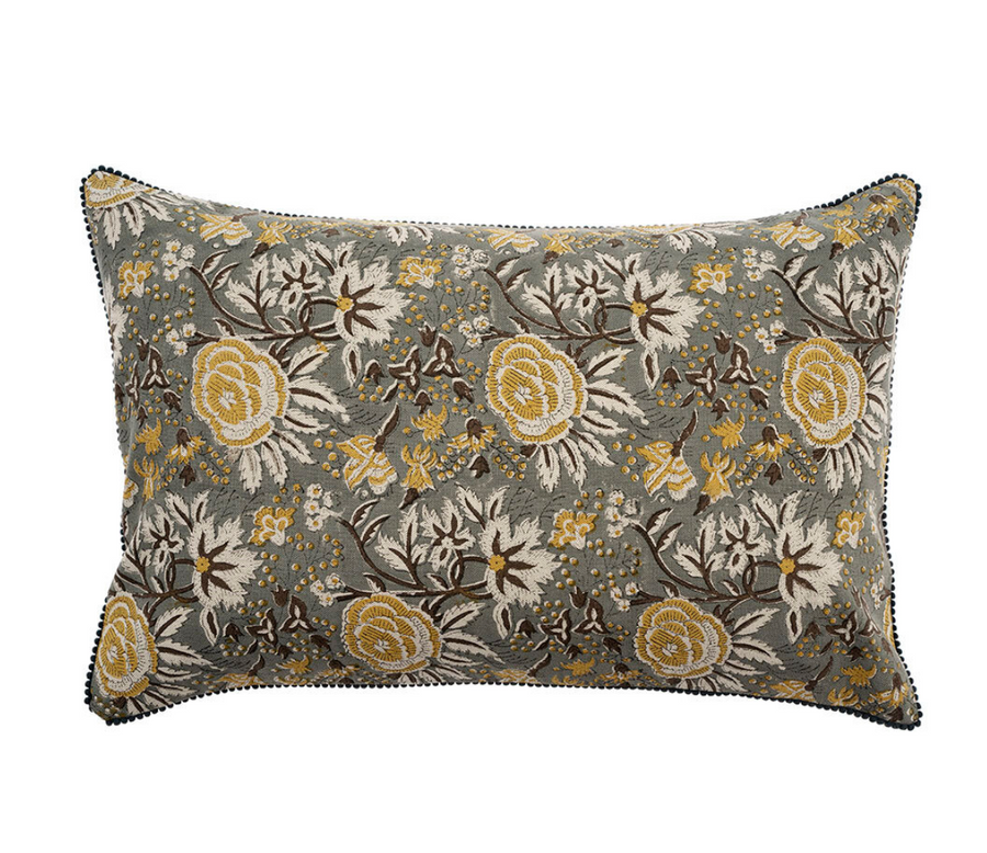 Green & Gold Linen Block Print Pillow 16x24