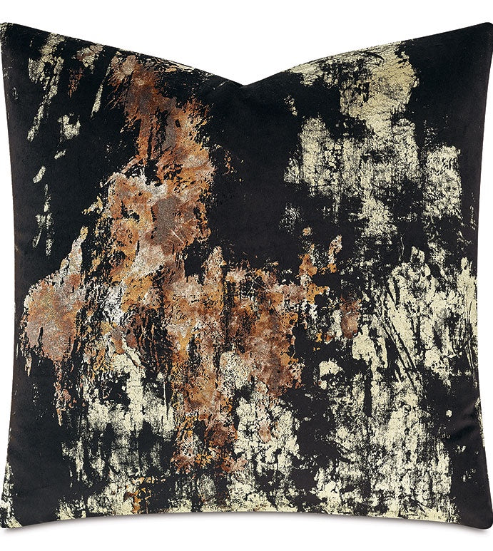Decorative pillow with an abstract design inspired by the colors of Scottsdale, Arizona, featuring black, gold, and rust splattered across the fabric for a vibrant and textured look - Pyrite Metallic 22x22 by Eastern Accents.