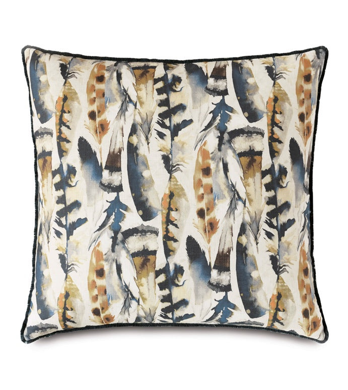 The EUS-429 Sprouse Watercolor by Eastern Accents is a rectangular pillow featuring a watercolor print of artistically painted feathers in shades of blue, brown, and beige on a white background. This cotton fabric pillow is accented with black piping around the edges and includes a plush pillow insert for added comfort.