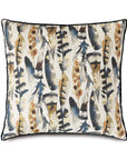 The EUS-429 Sprouse Watercolor by Eastern Accents is a rectangular pillow featuring a watercolor print of artistically painted feathers in shades of blue, brown, and beige on a white background. This cotton fabric pillow is accented with black piping around the edges and includes a plush pillow insert for added comfort.