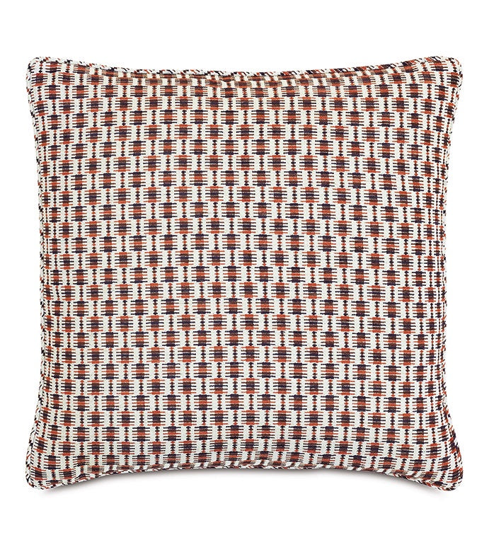 A Moab Graphic 27x27&quot; decorative pillow featuring a houndstooth pattern in shades of red, white, and black, with a textured surface, ideal for a bungalow in Scottsdale, Arizona. (Brand Name: Eastern Accents)