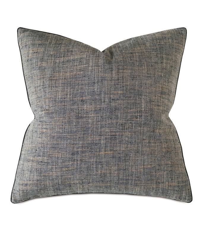 A Rowley 22x22" decorative throw pillow with a textured gray fabric, inspired by the Bungalow style, featuring subtle horizontal and vertical lines creating a checkered pattern. The pillow has a slightly darker gray border by Eastern Accents.