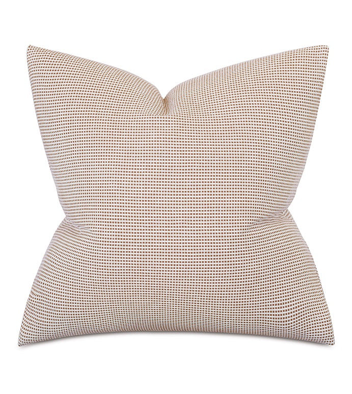 The Eastern Accents Xander Geometric Terracotta Euro Sham features a soft cotton cover with a subtle brown and white geometric pattern. Stylish and machine washable, it's perfect for effortless care and modern decor.