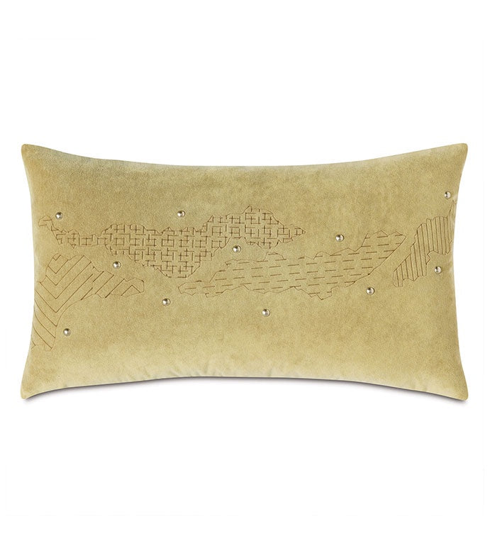 A Zephyr Engraved 15x26&quot; pillow from Eastern Accents with embossed abstract geometric patterns and small silver stud embellishments, perfect for a Scottsdale Arizona bungalow.